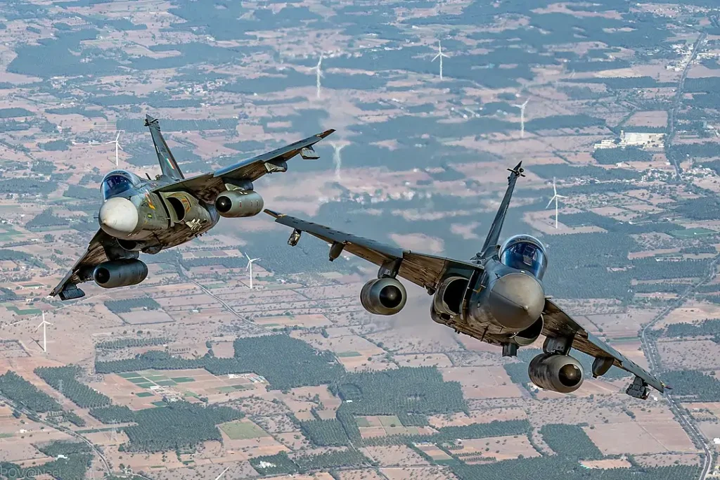 India's Tejas Light Combat Supersonic Fighter 6 HAL Tejas IOC variants of Squadron 45 Flying Daggers doing air manoeuvre