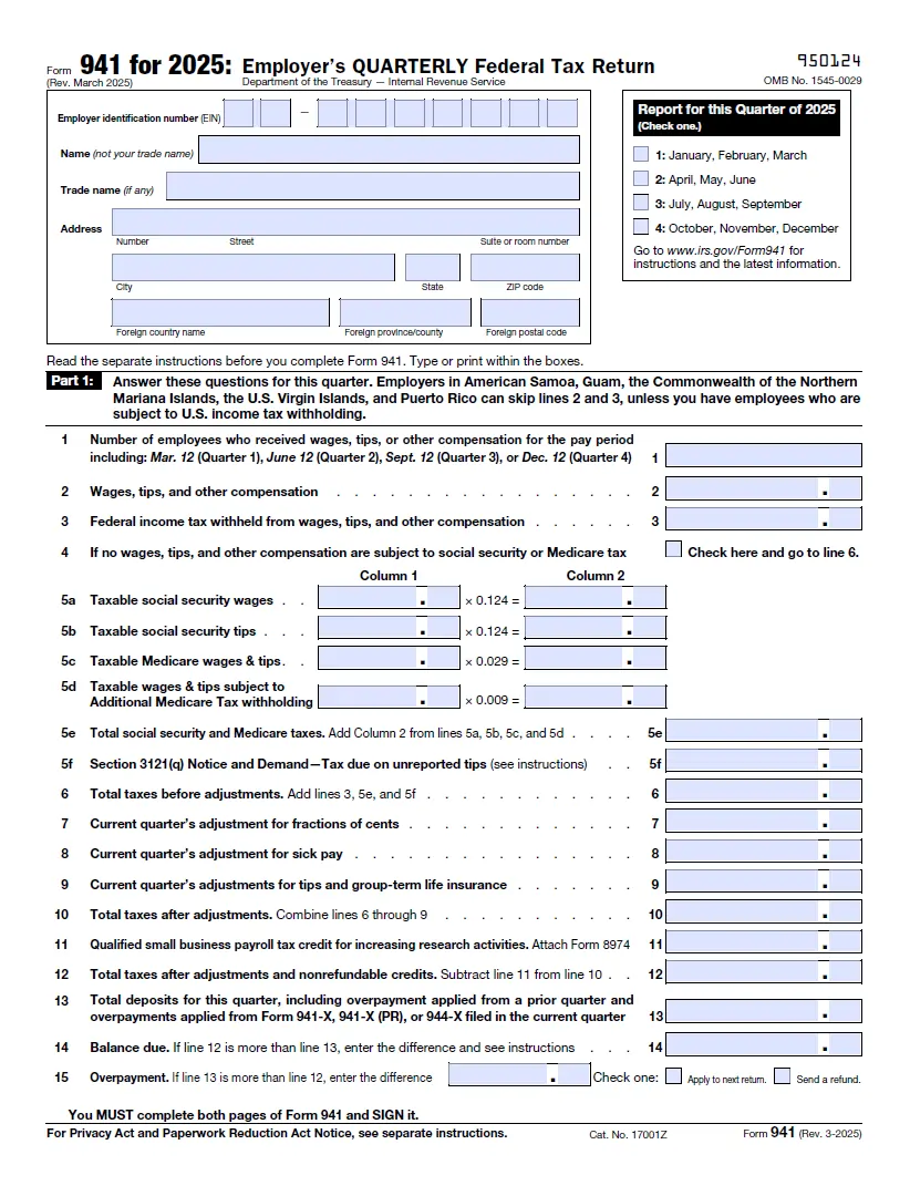 IRS Form 941 (First Page)
