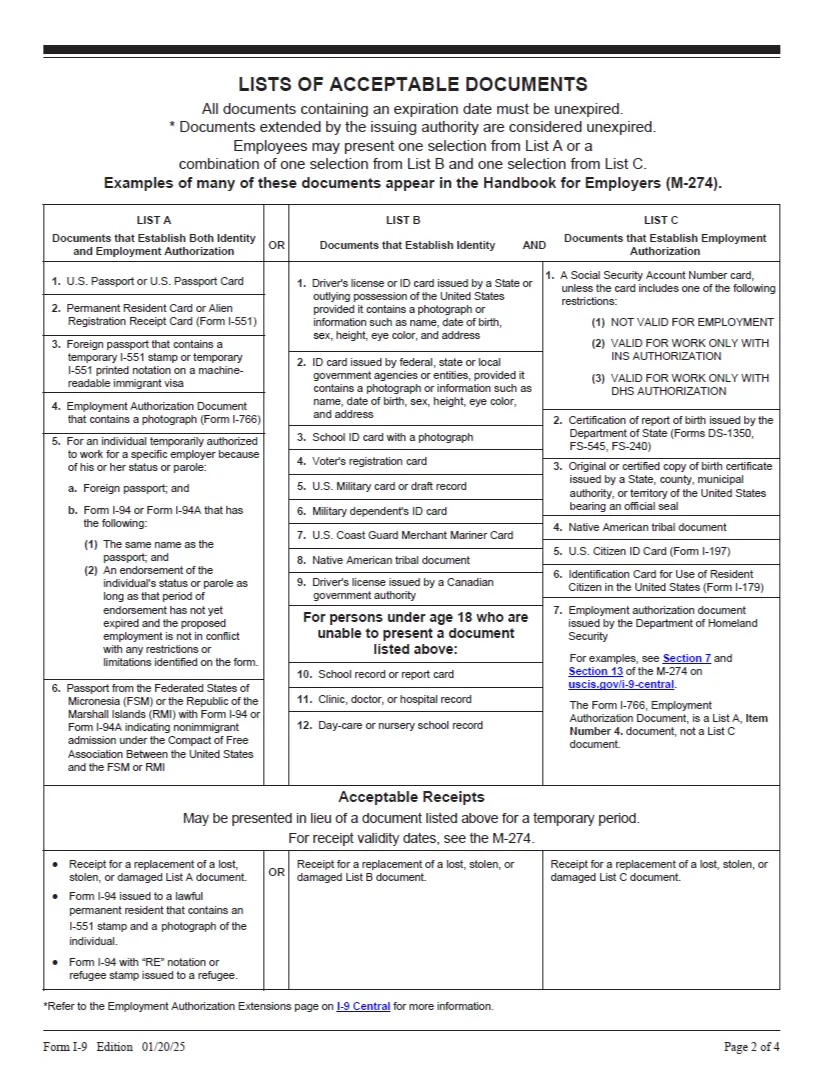 Lists of Acceptable Documents in Form I-9