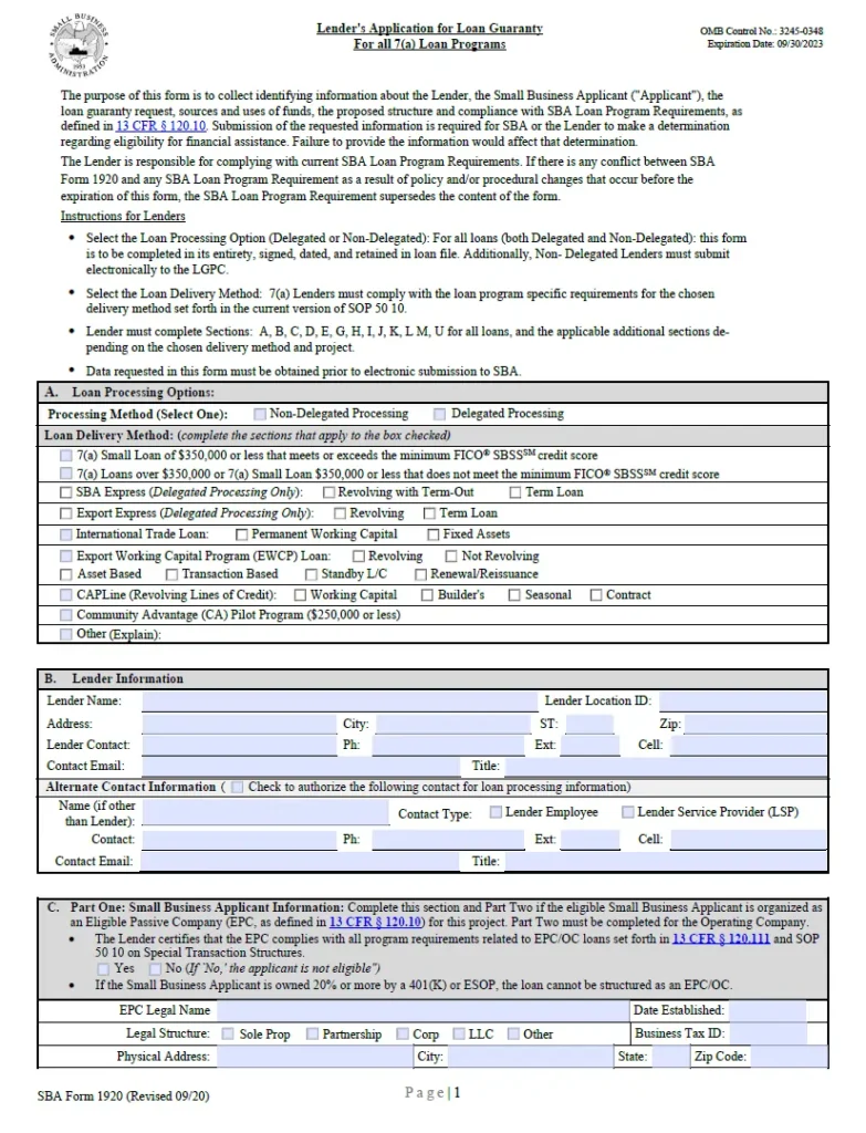 SBA Form 1920