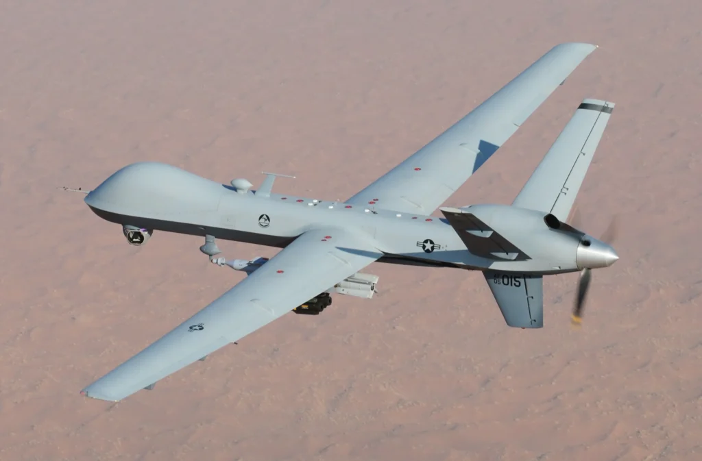 A General Atomics MQ-9 Reaper, a hunter-killer surveillance UAV. A General Atomics MQ-9 Reaper, a hunter-killer surveillance UAV