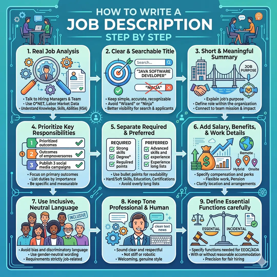 Graphical representation of how to write a job description step by step Graphical representation of how to write a job description step by step