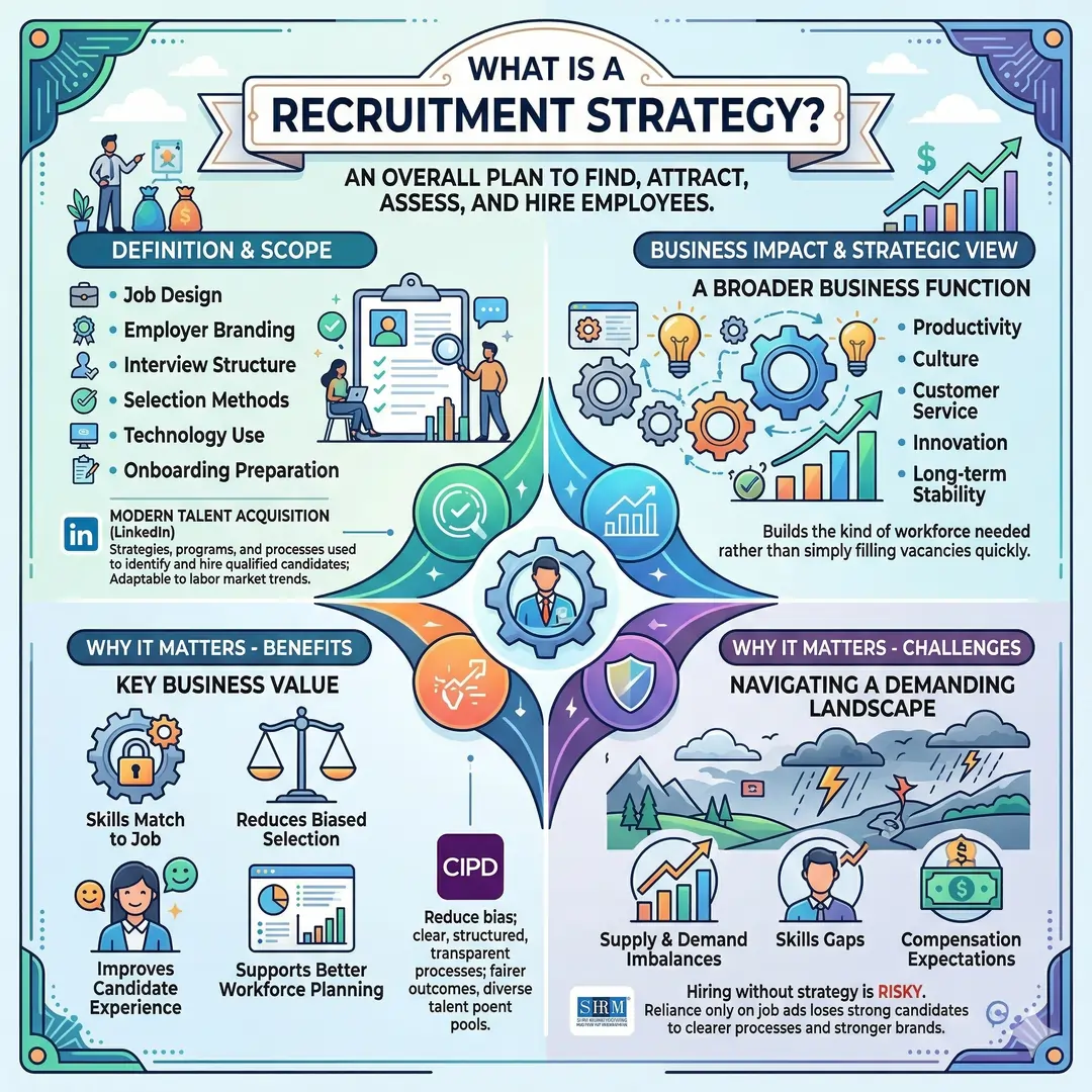Recruitment Strategy: An Overall Plan to Find, Attract, Assess, and Hire Employees. What Is a Recruitment Strategy? An Overall Plan to Find, Attract, Assess, and Hire Employees.