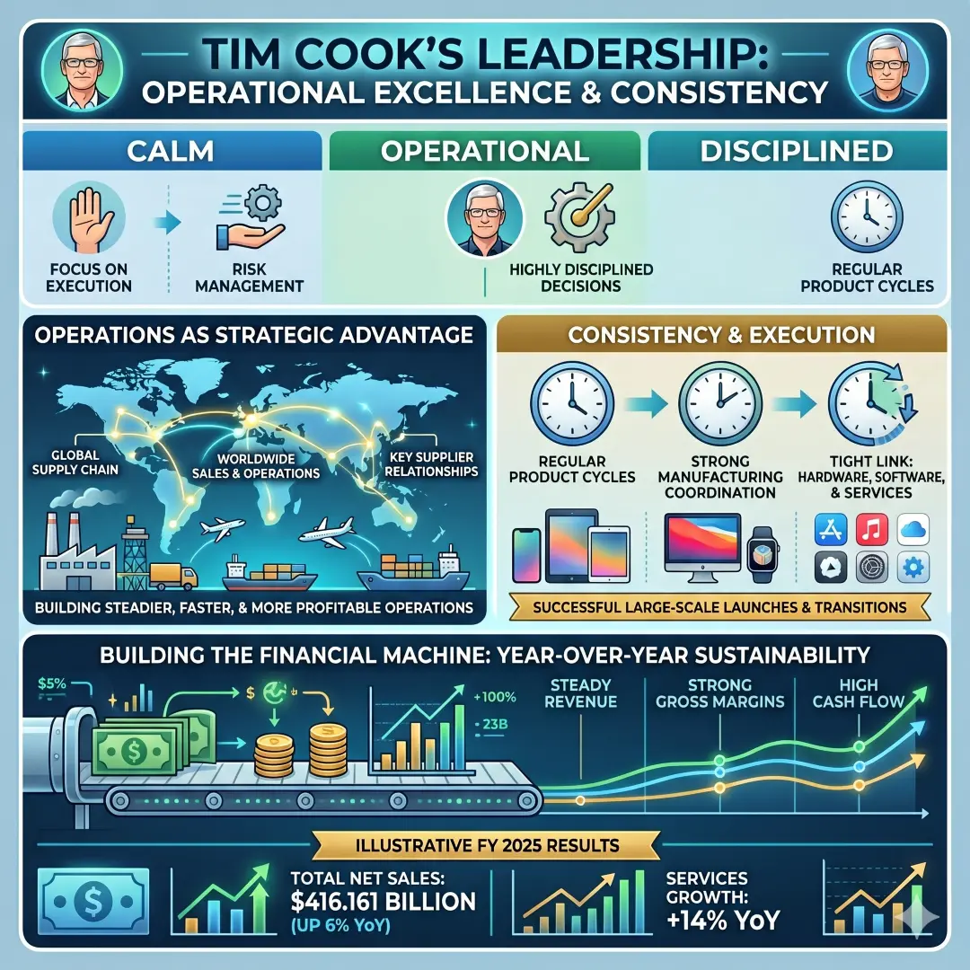 Cook’s leadership style calm, operational, and highly disciplined
