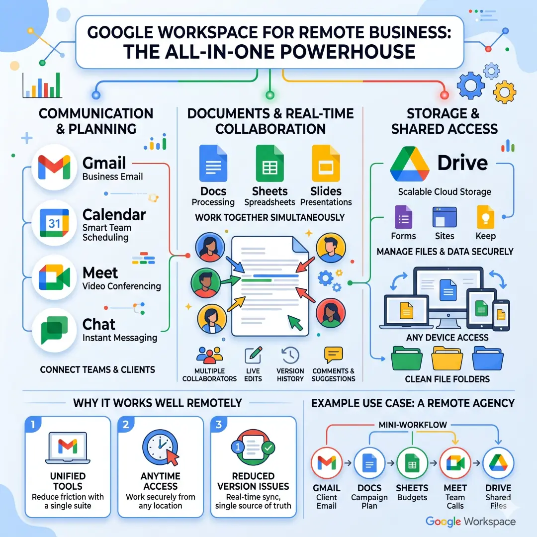 Google Workspace for email, documents, storage, and real-time collaboration