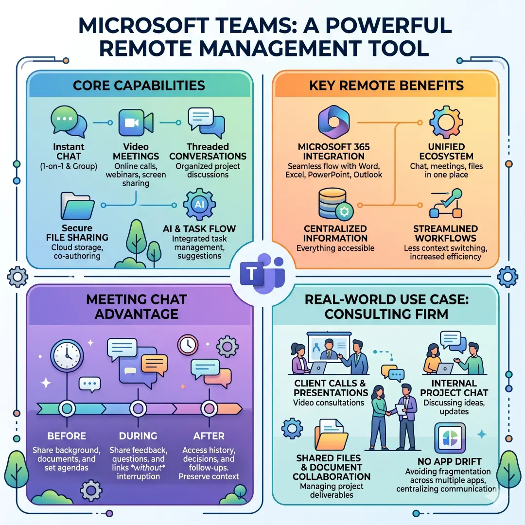 Microsoft Teams for chat, meetings, file sharing, and task flow