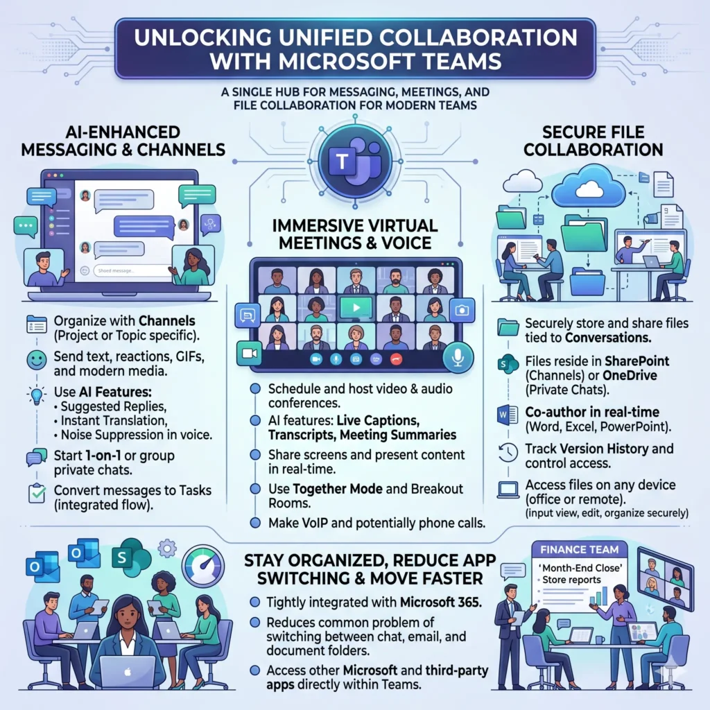 Microsoft Teams for messaging, meetings, and file collaboration