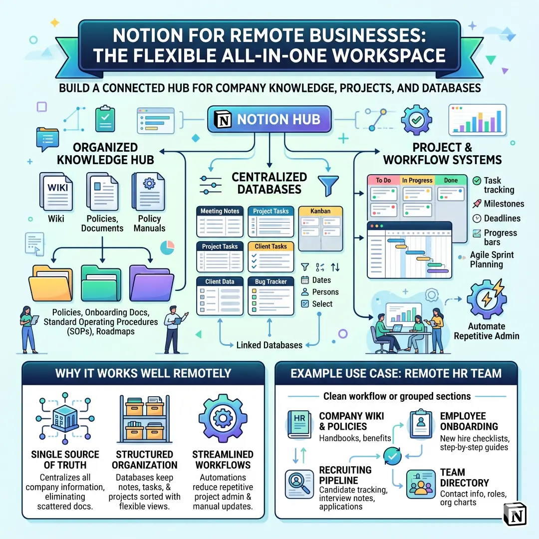 Notion for company knowledge, docs, databases, and project systems