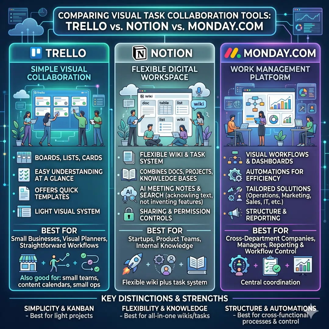 The comparison of Trello, Notion, and Monday.com