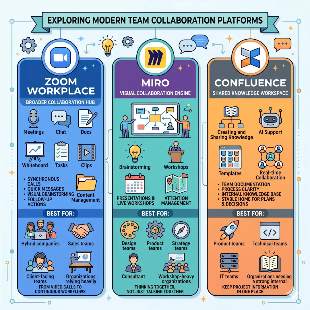 The comparison of Zoom Workplace, Miro, and Confluence