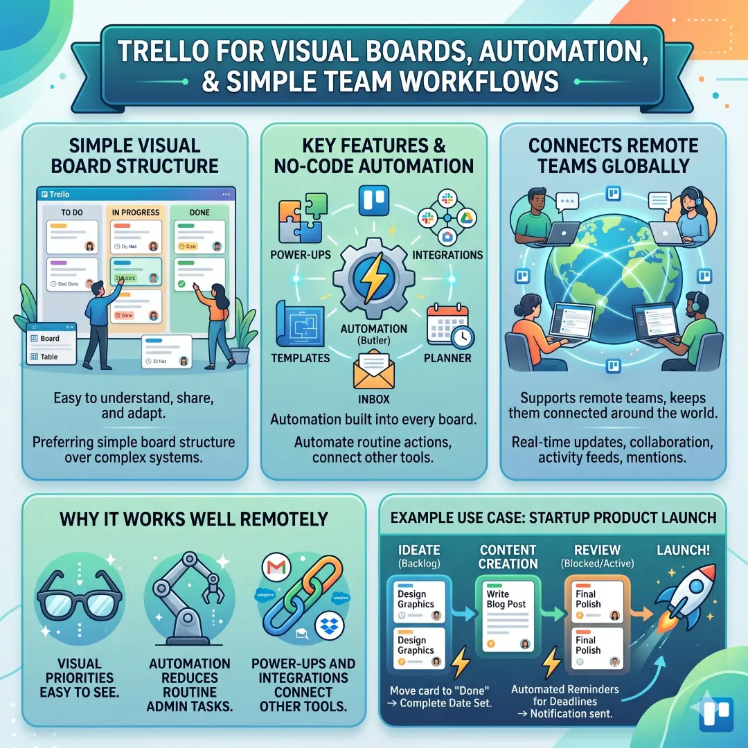 Trello for visual boards, automation, and simple team workflows