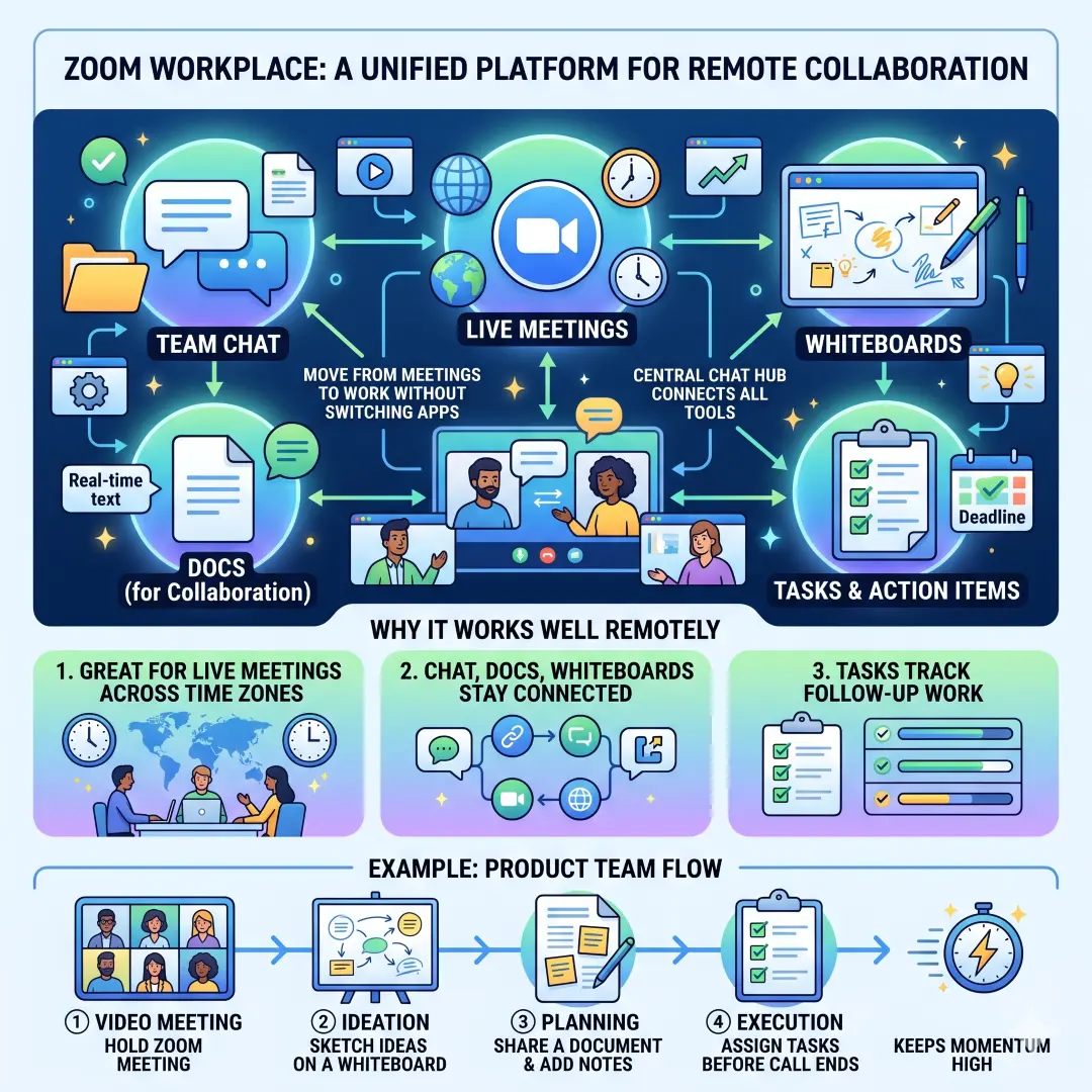 Zoom for meetings, chat, whiteboards, and action items